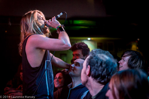 André Andersson of The Sherlock Brothers on vocals get up close with the crowd