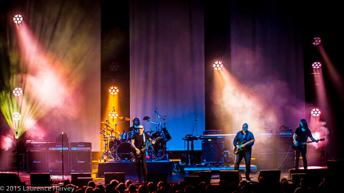 Joe Satriani & his band on stage at Hammersmith Apollo. Marco Minnemum on drums, Bryan Beller on bass, Mike Keneally on keyboards & guitar