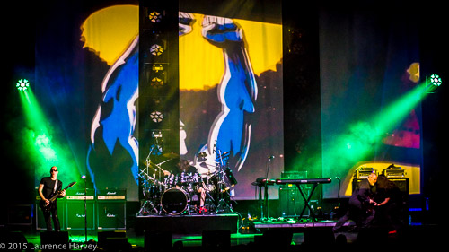 Joe Satriani & his band on stage at Hammersmith Apollo. Marco Minnemum on drums, Bryan Beller on bass, Mike Keneally on keyboards & guitar